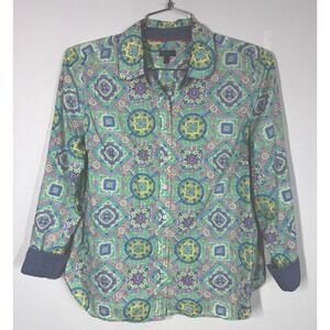 Talbots Long Sleeve Button Up Shirt Vibrant Geometric Print Roll Tab Sleeve Sz L
